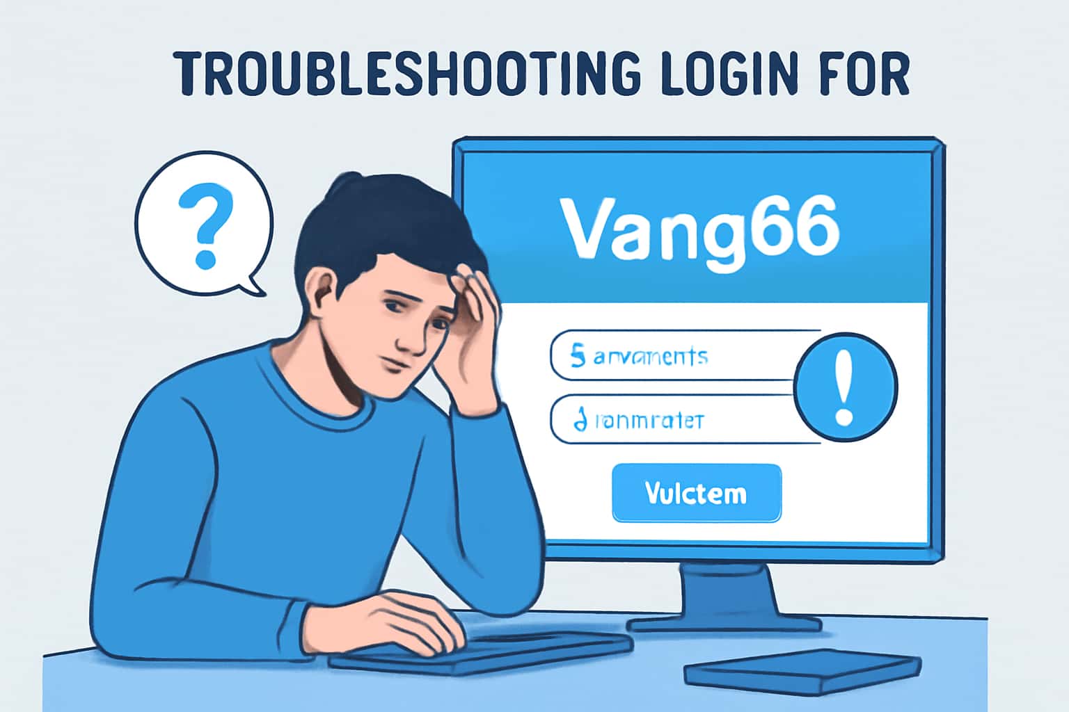 A conceptual scene illustrating troubleshooting login issues for Vang66 with clean typography.